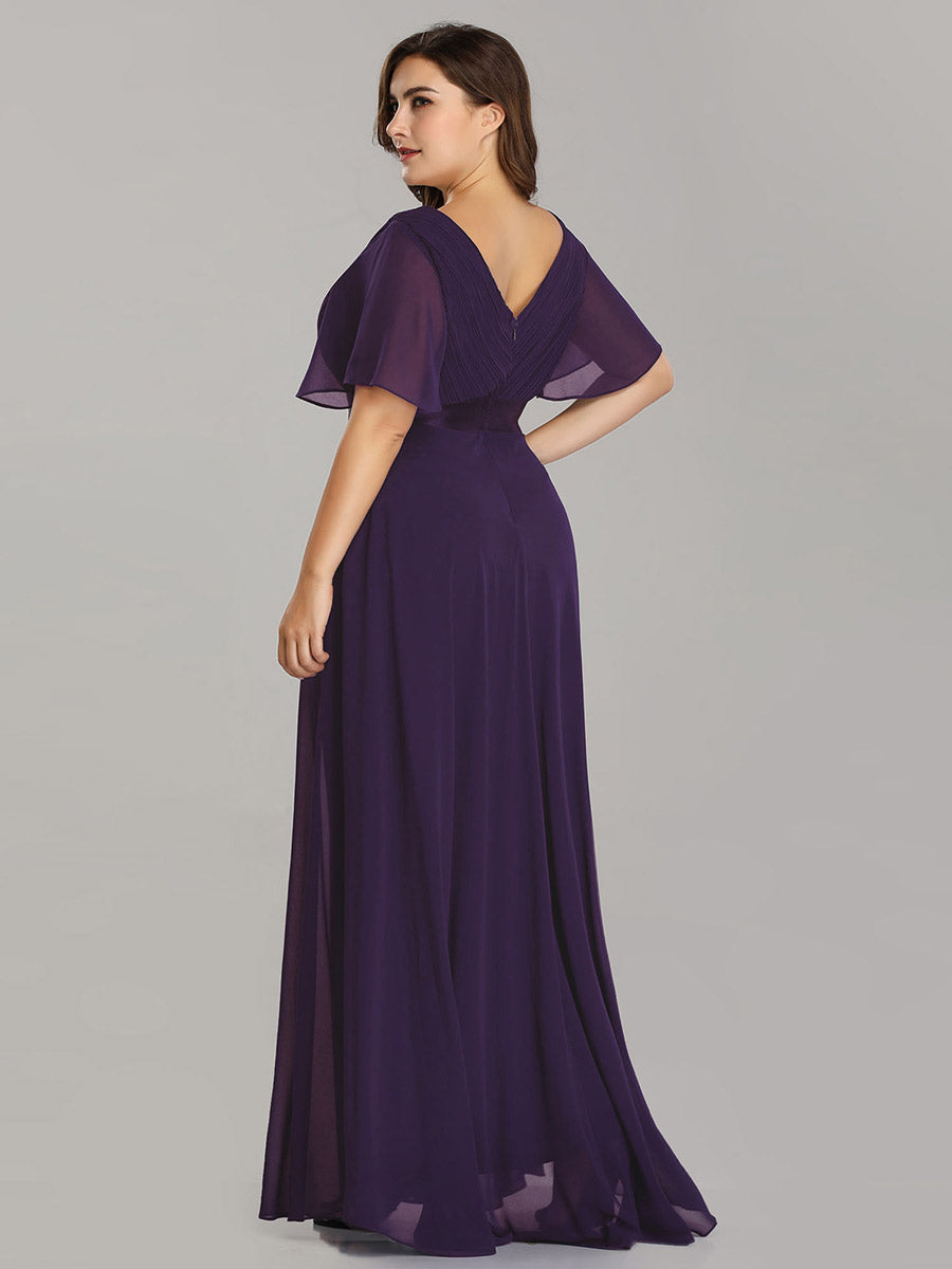 Damen V-Ausschnitt Chiffon Lange Abendkleider mit Schleppe #Farbe_Dunkelviolett