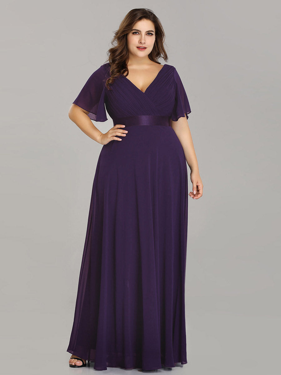 Damen V-Ausschnitt Chiffon Lange Abendkleider mit Schleppe #Farbe_Dunkelviolett