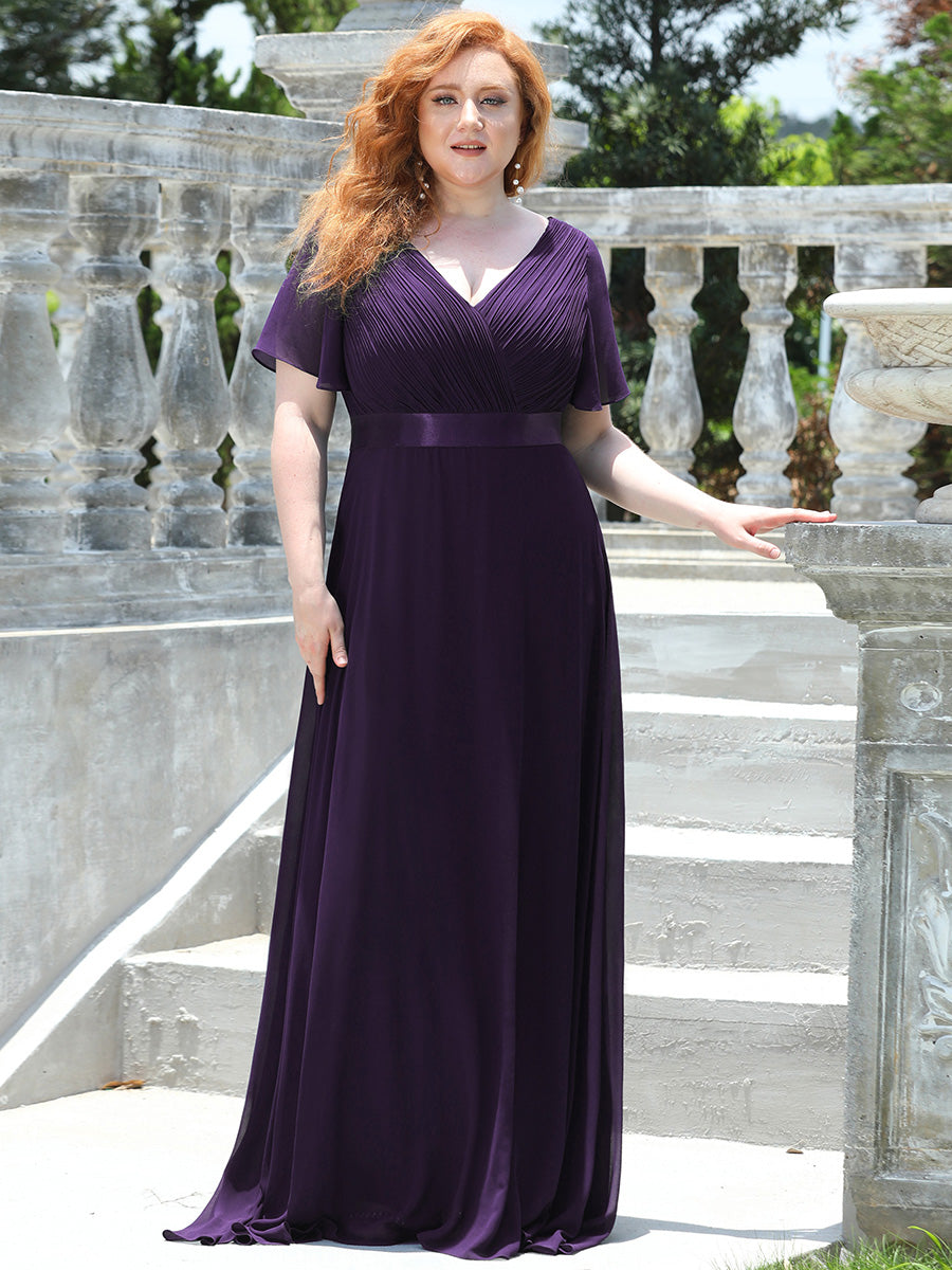 Damen V-Ausschnitt Chiffon Lange Abendkleider mit Schleppe #Farbe_Dunkelviolett