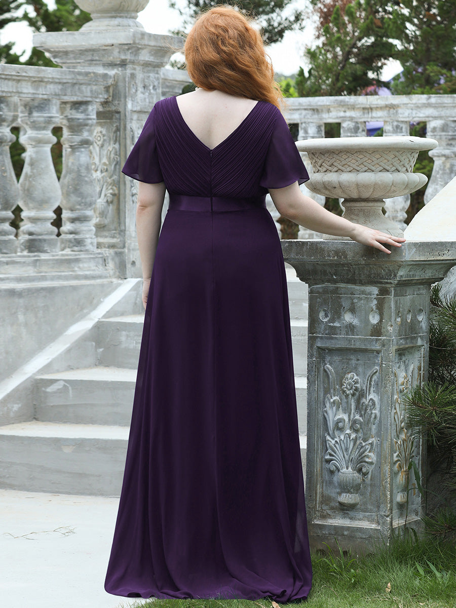 Damen V-Ausschnitt Chiffon Lange Abendkleider mit Schleppe #Farbe_Dunkelviolett