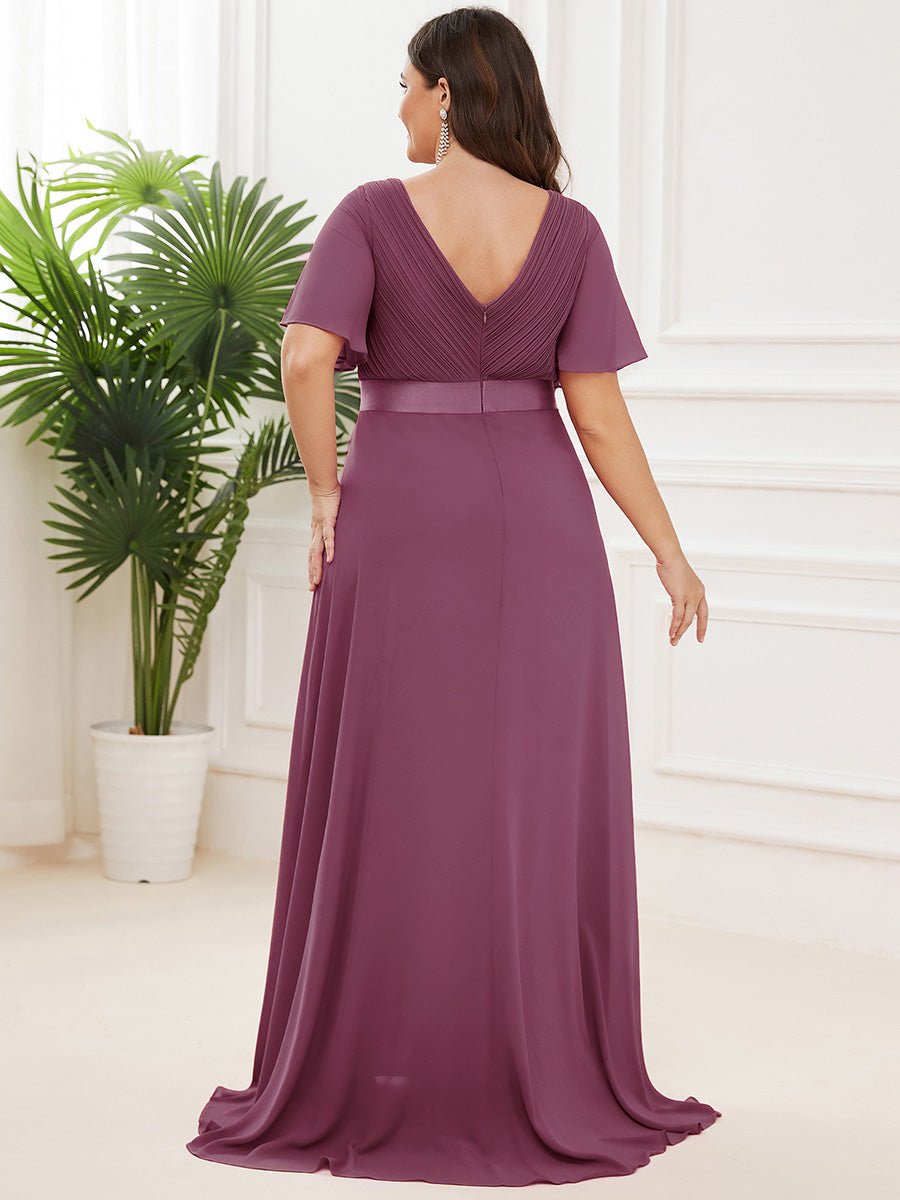 Minimalistisches A-Line Maxi Chiffon Brautkleid mit Satingürtel #Farbe_Pflaumenviolett