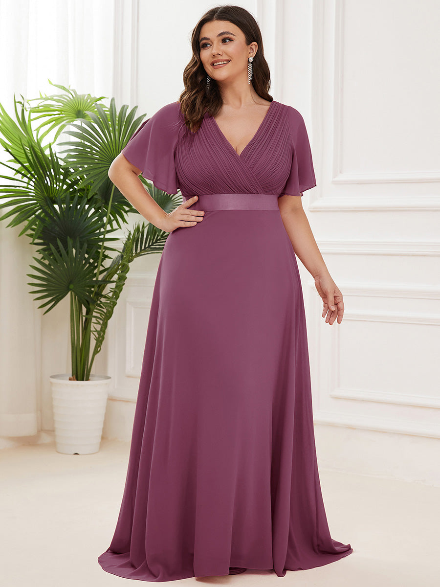 Damen V-Ausschnitt Chiffon Lange Abendkleider mit Schleppe #Farbe_Pflaumenviolett