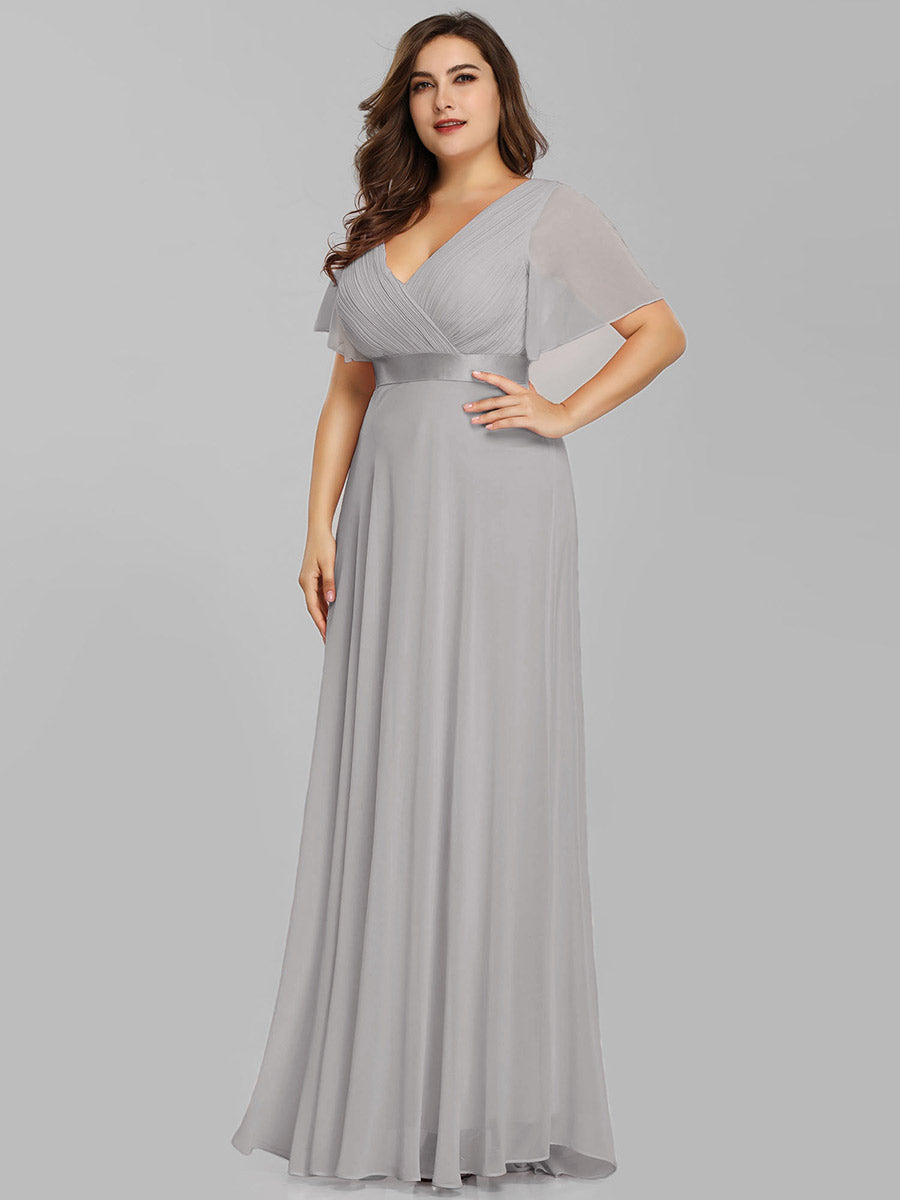 Damen V-Ausschnitt Lange Chiffon Abendkleider mit Schleppe #Farbe_Grau