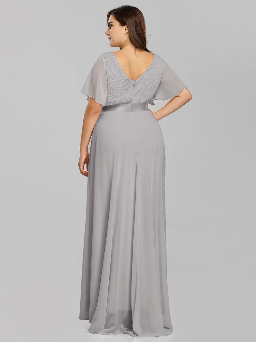 Damen V-Ausschnitt Lange Chiffon Abendkleider mit Schleppe #Farbe_Grau