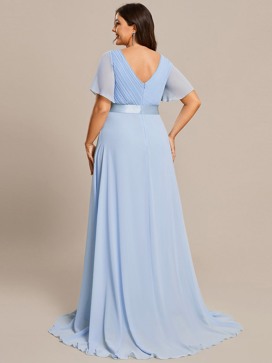 Damen V-Ausschnitt Chiffon Lange Abendkleider mit Schleppe #Farbe_Eisblau