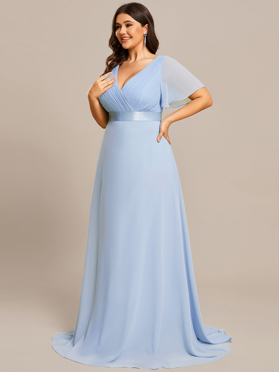 Damen V-Ausschnitt Chiffon Lange Abendkleider mit Schleppe #Farbe_Eisblau