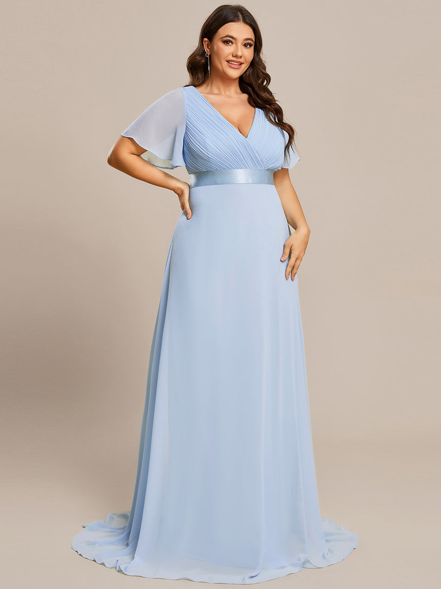 Damen V-Ausschnitt Chiffon Lange Abendkleider mit Schleppe #Farbe_Eisblau