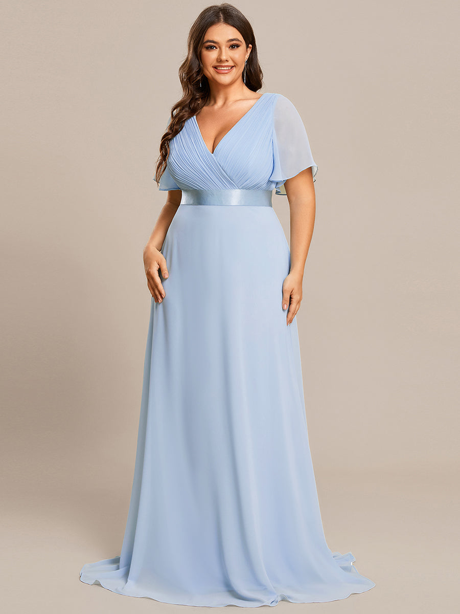 Damen V-Ausschnitt Chiffon Lange Abendkleider mit Schleppe #Farbe_Eisblau