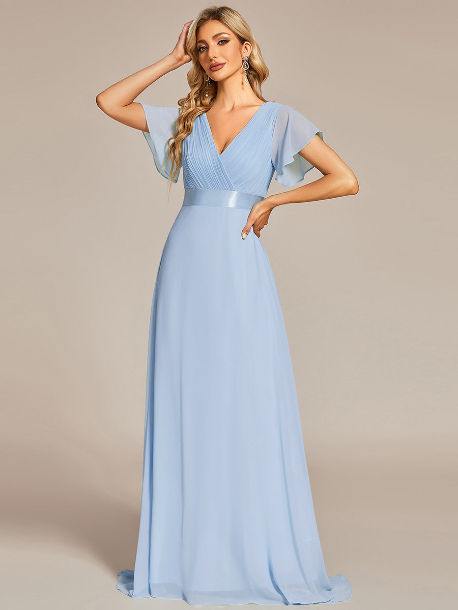 Minimalistisches A-Line Maxi Chiffon Brautkleid mit Satingürtel #Farbe_Eisblau