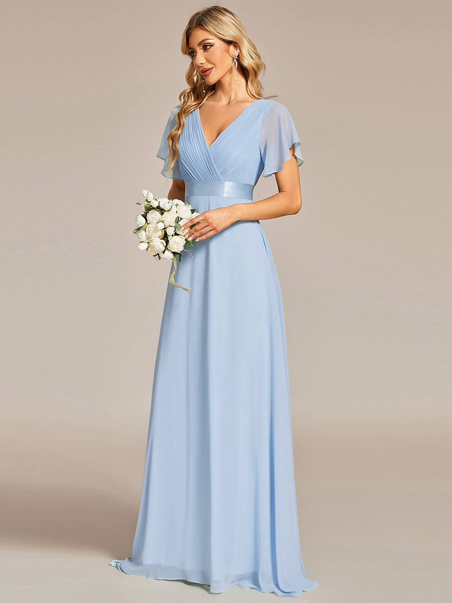 Minimalistisches A-Line Maxi Chiffon Brautkleid mit Satingürtel #Farbe_Eisblau