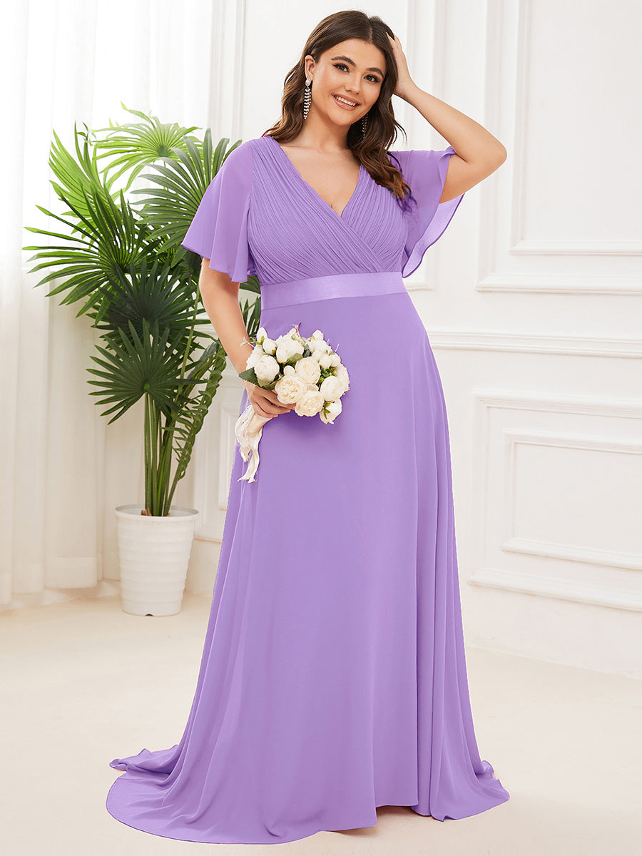 Damen V-Ausschnitt Lange Chiffon Abendkleider mit Schleppe #Farbe_Lavendel