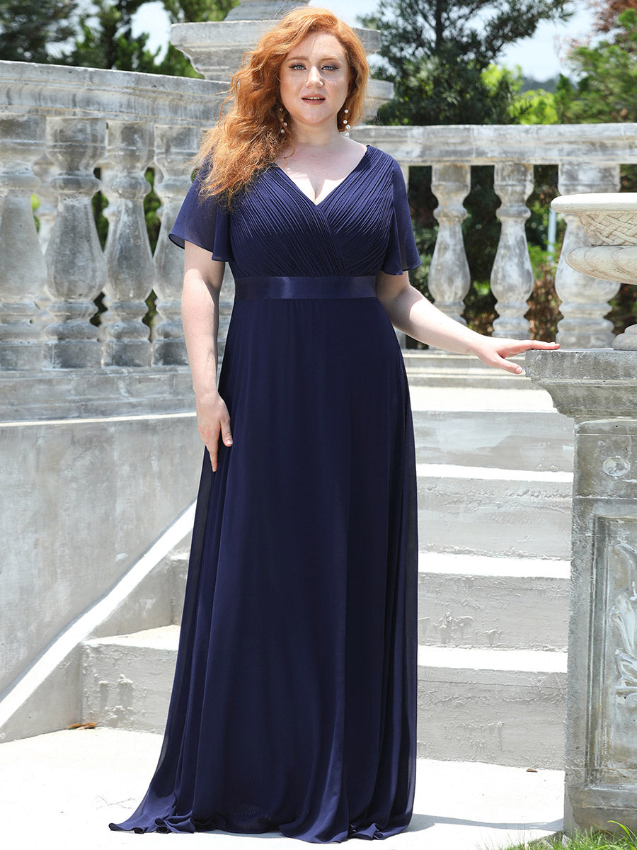 Damen V-Ausschnitt Chiffon Lange Abendkleider mit Schleppe #Farbe_Marineblau