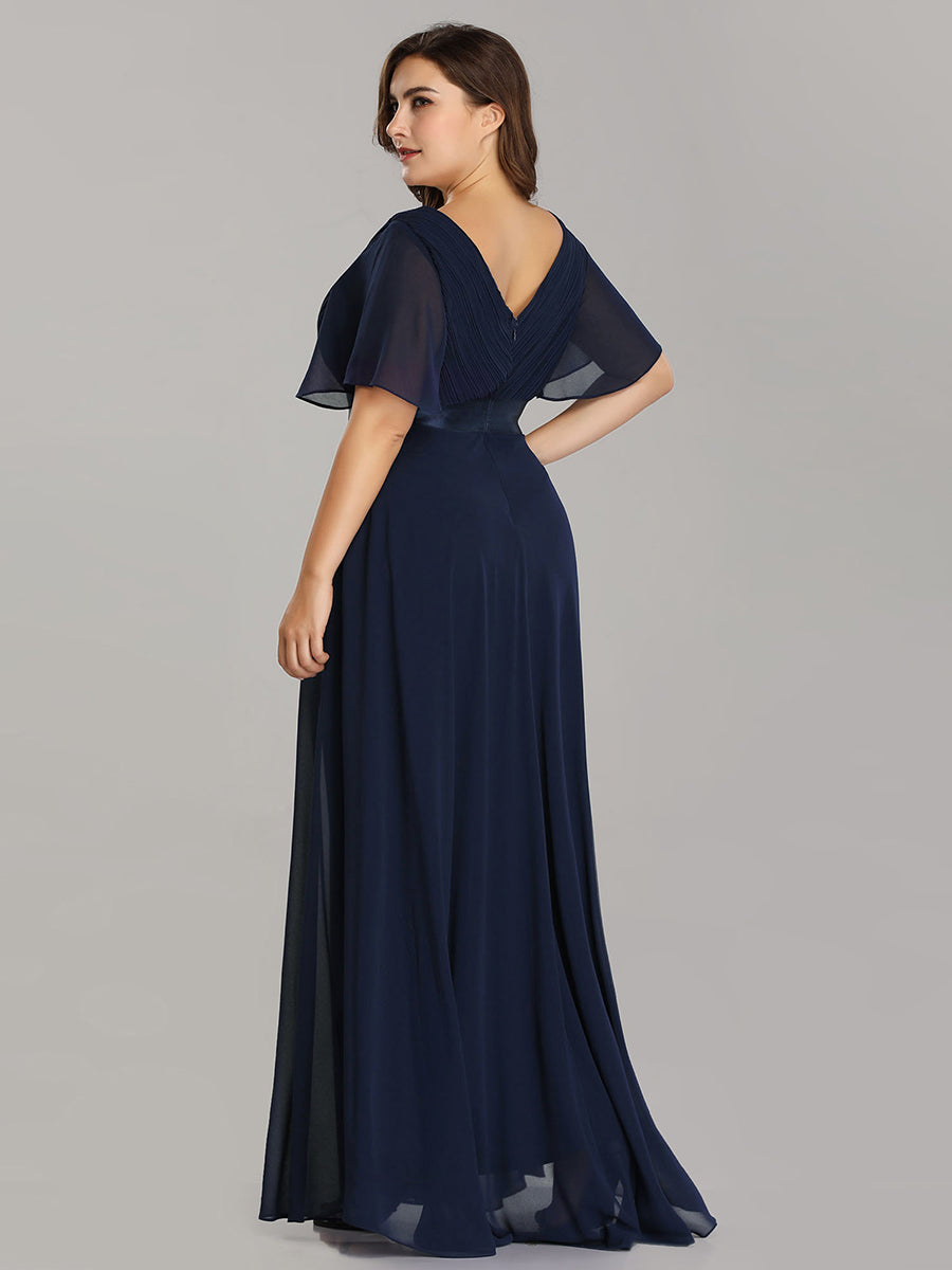 Damen V-Ausschnitt Lange Chiffon Abendkleider mit Schleppe #Farbe_Marineblau