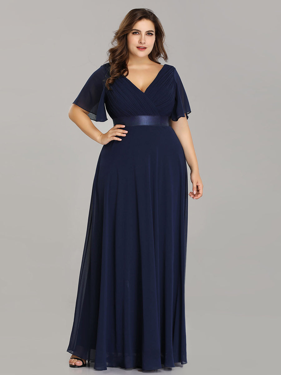 Damen V-Ausschnitt Lange Chiffon Abendkleider mit Schleppe #Farbe_Marineblau