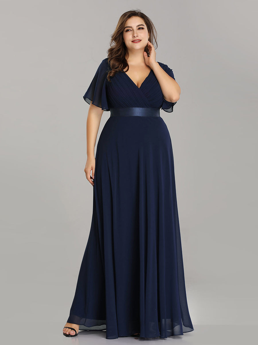 Damen V-Ausschnitt Lange Chiffon Abendkleider mit Schleppe #Farbe_Marineblau