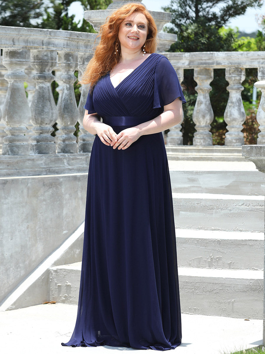 Damen V-Ausschnitt Lange Chiffon Abendkleider mit Schleppe #Farbe_Marineblau