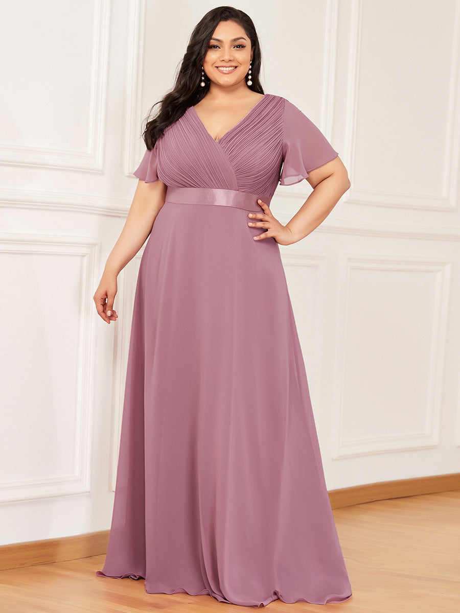 Damen V-Ausschnitt Chiffon Lange Abendkleider mit Schleppe #Farbe_Orchideenviolett