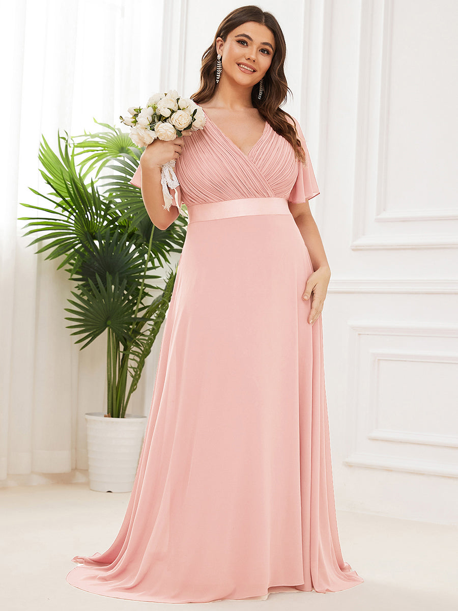 Damen V-Ausschnitt Lange Chiffon Abendkleider mit Schleppe #Farbe_Pink