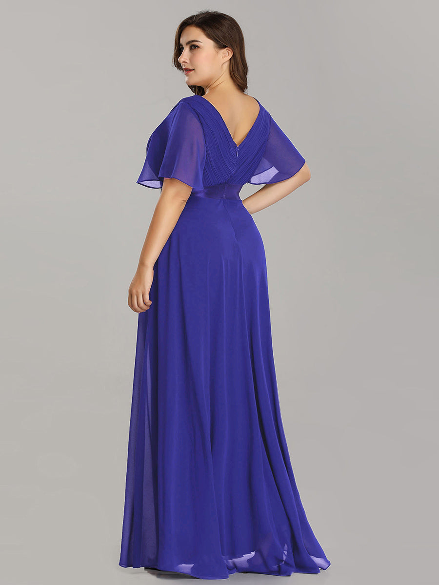 Damen V-Ausschnitt Chiffon Lange Abendkleider mit Schleppe #Farbe_Saphirblau