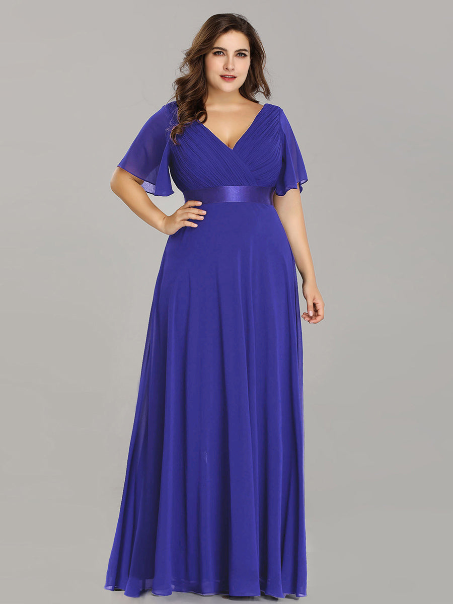 Damen V-Ausschnitt Chiffon Lange Abendkleider mit Schleppe #Farbe_Saphirblau