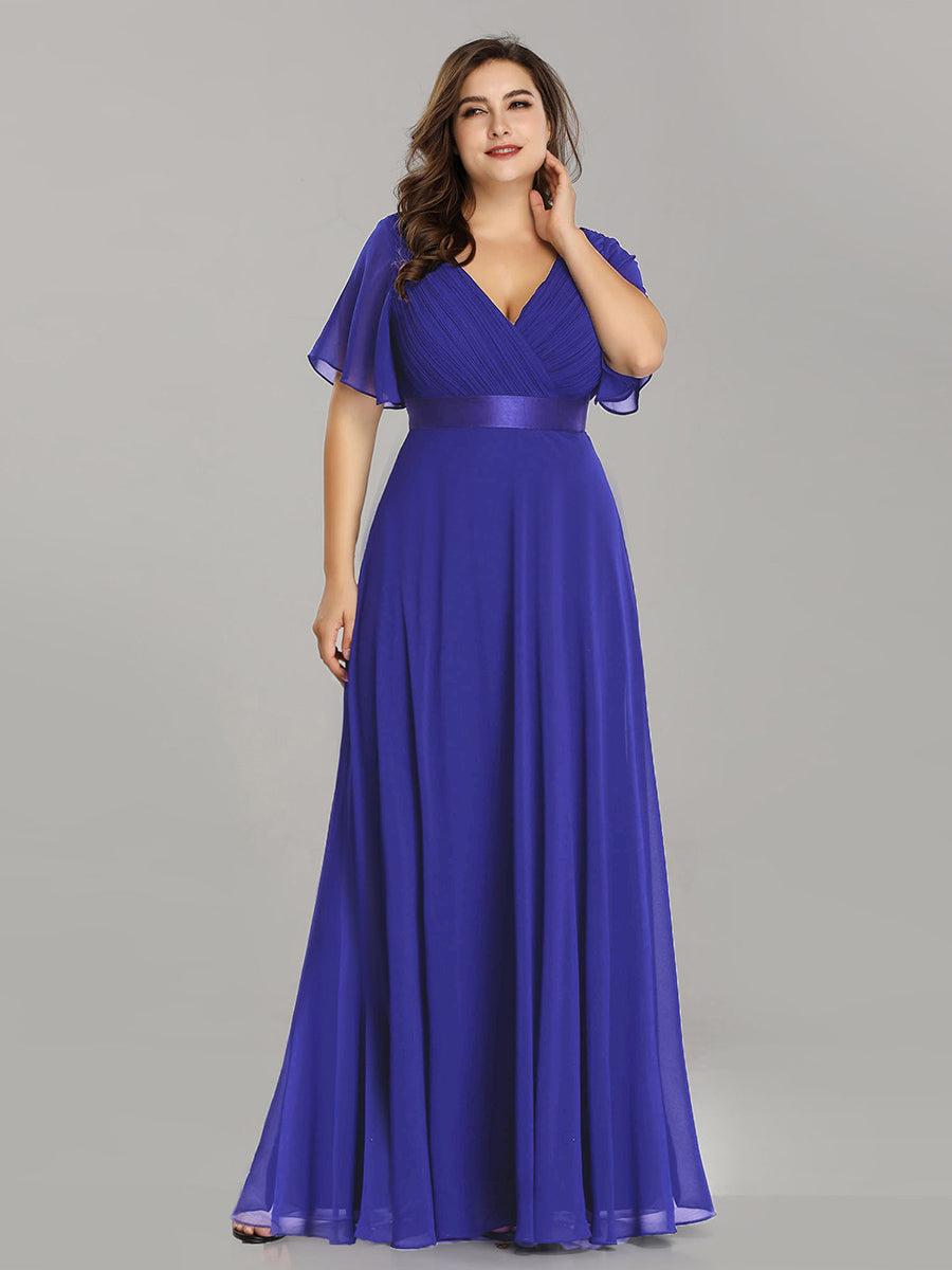 Damen V-Ausschnitt Chiffon Lange Abendkleider mit Schleppe #Farbe_Saphirblau