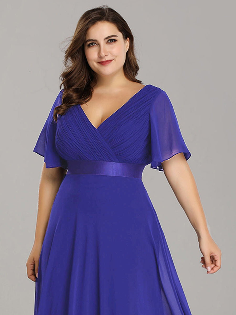 Damen V-Ausschnitt Chiffon Lange Abendkleider mit Schleppe #Farbe_Saphirblau