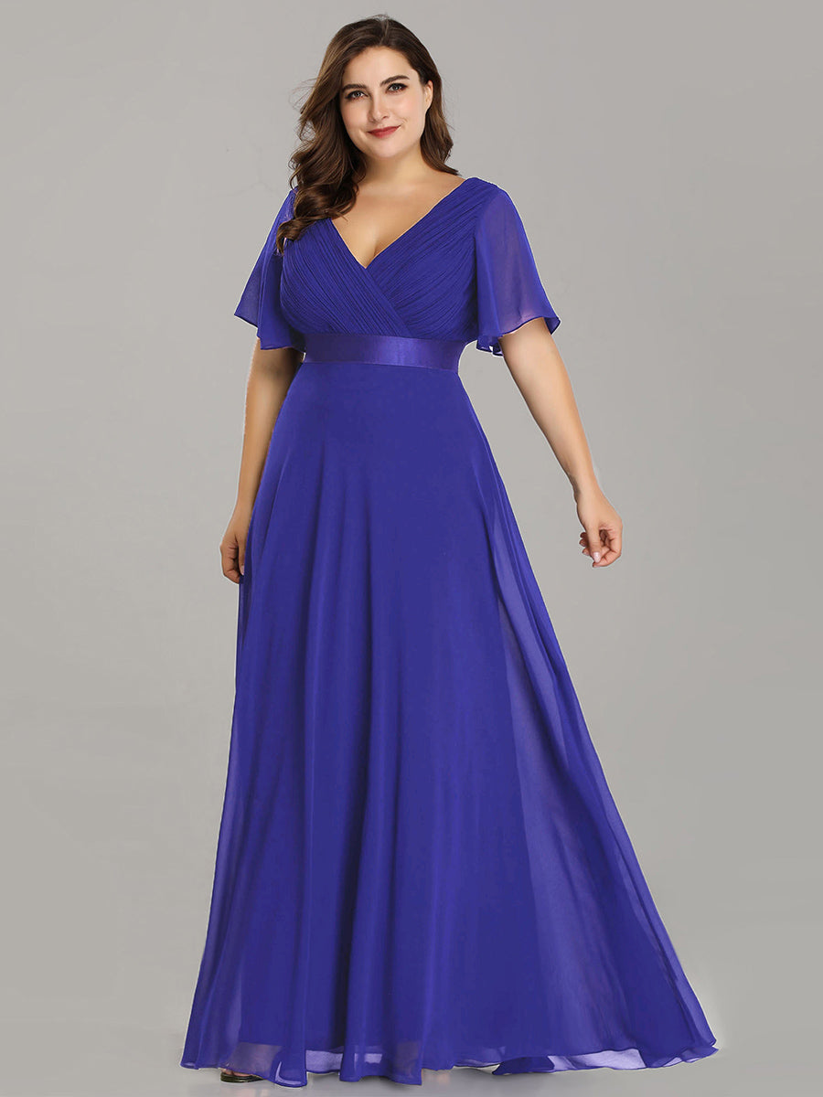 Damen V-Ausschnitt Chiffon Lange Abendkleider mit Schleppe #Farbe_Saphirblau