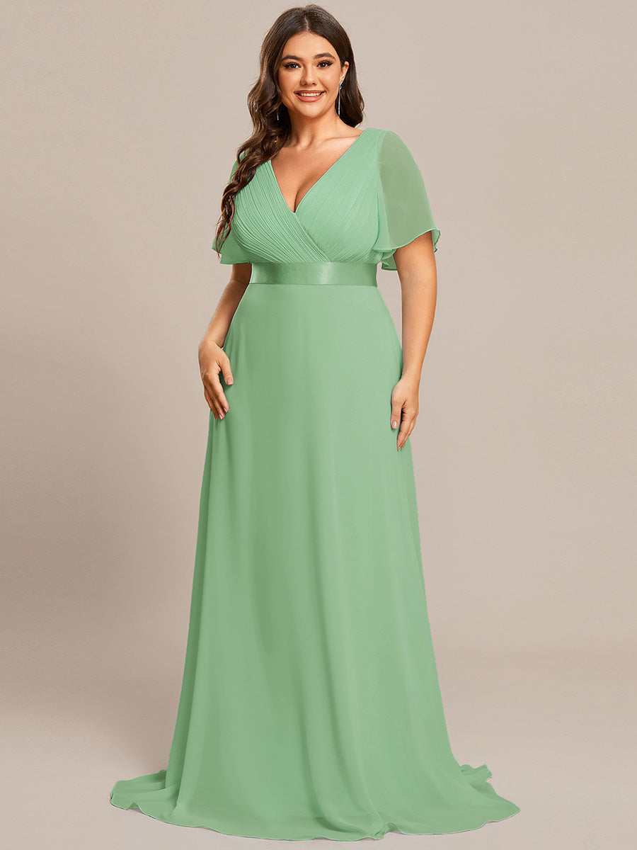 Damen V-Ausschnitt Chiffon Lange Abendkleider mit Schleppe #Farbe_Salbeigrün