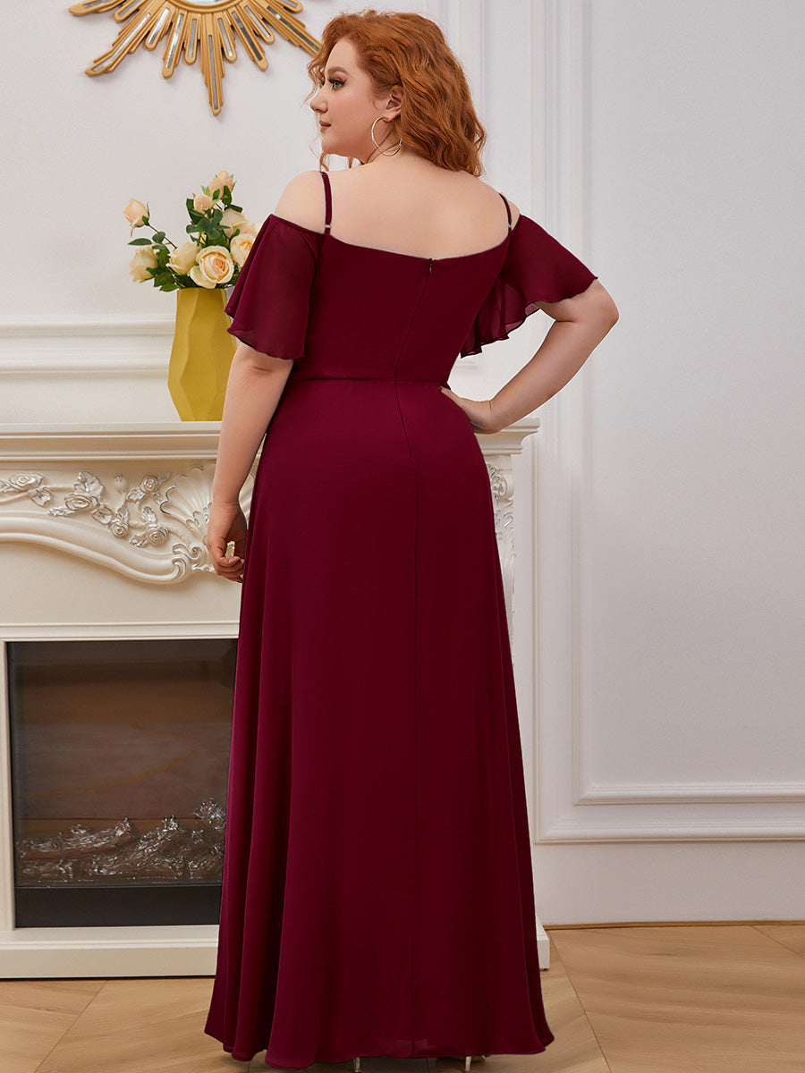 Bodenlanger Offshoulder A-Linien Chiffon Kleid Mit Hohem Schlitz #Farbe_Burgunderrot