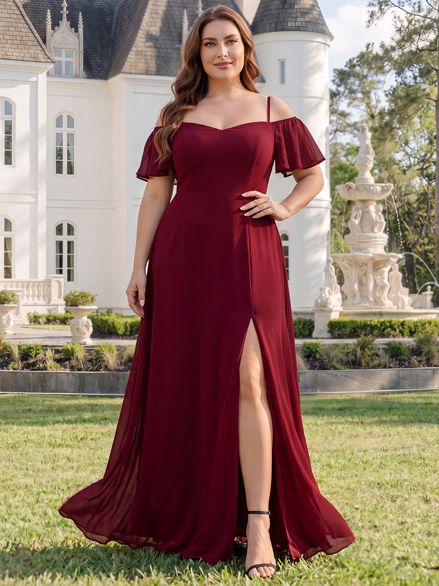 Bodenlanger Offshoulder A-Linien Chiffon Kleid Mit Hohem Schlitz #Farbe_Burgunderrot