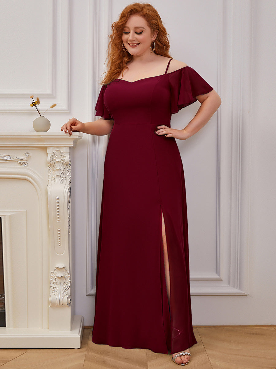Bodenlanger Offshoulder A-Linien Chiffon Kleid Mit Hohem Schlitz #Farbe_Burgunderrot