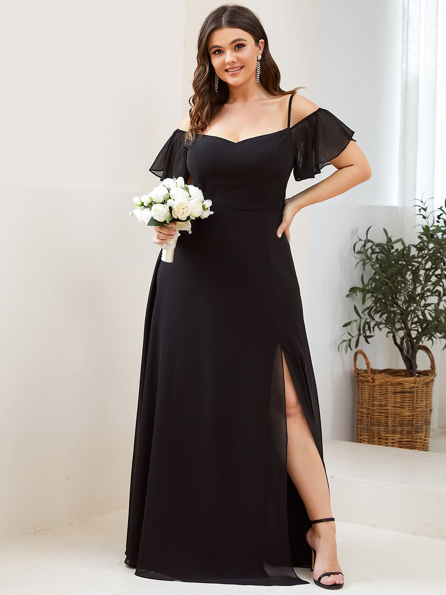 Bodenlanger Offshoulder A-Linien Chiffon Kleid Mit Hohem Schlitz #Farbe_Schwarz