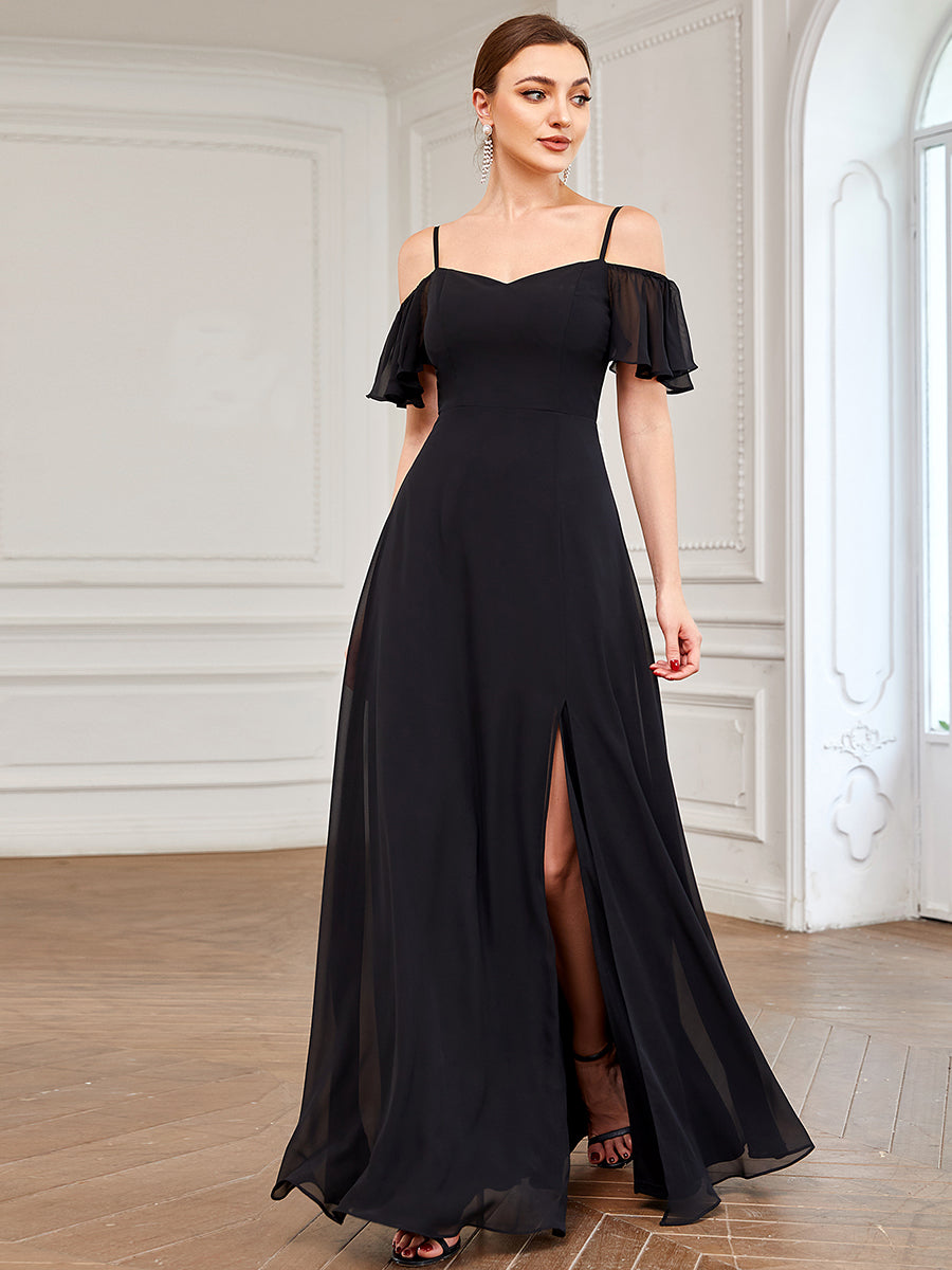 Bodenlanger Offshoulder A-Linien Chiffon Kleid Mit Hohem Schlitz #Farbe_Schwarz