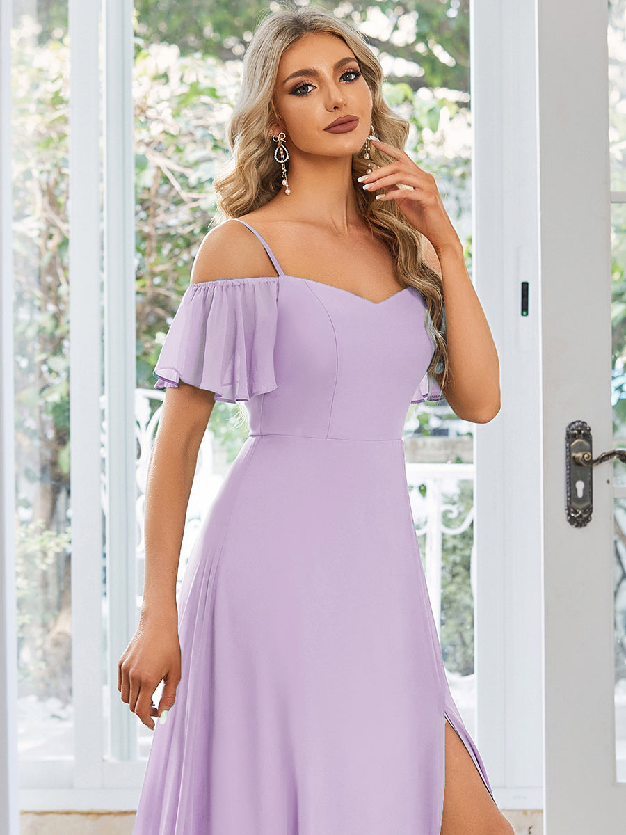 Bodenlanger Offshoulder A-Linien Chiffon Kleid Mit Hohem Schlitz #Farbe_Himmelblau