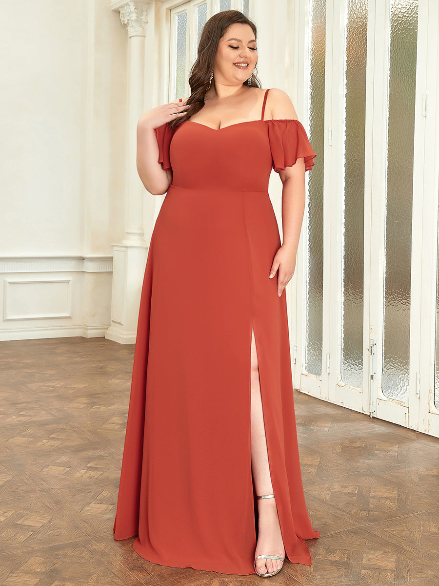 Bodenlanger Offshoulder A-Linien Chiffon Kleid Mit Hohem Schlitz #Farbe_Gebranntes Orange