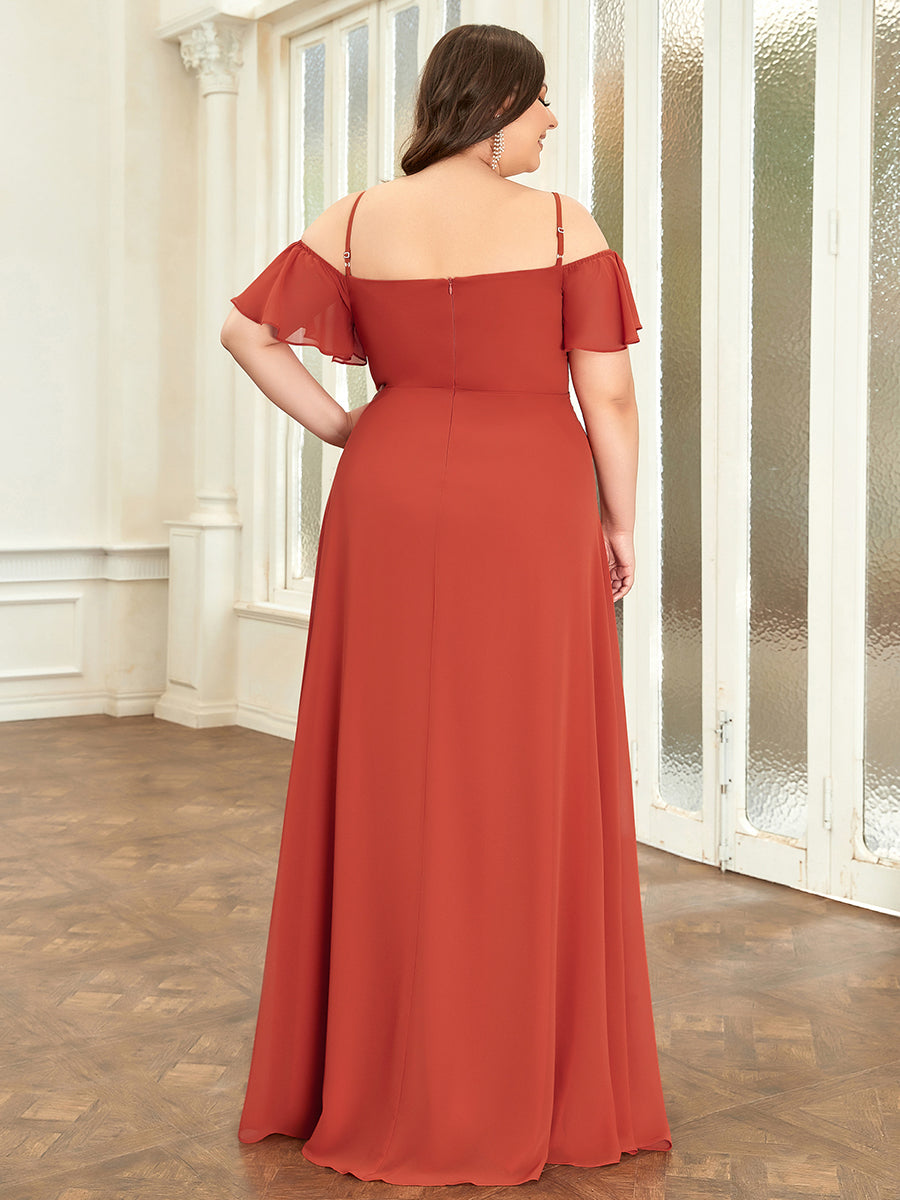 Bodenlanger Offshoulder A-Linien Chiffon Kleid Mit Hohem Schlitz #Farbe_Gebranntes Orange