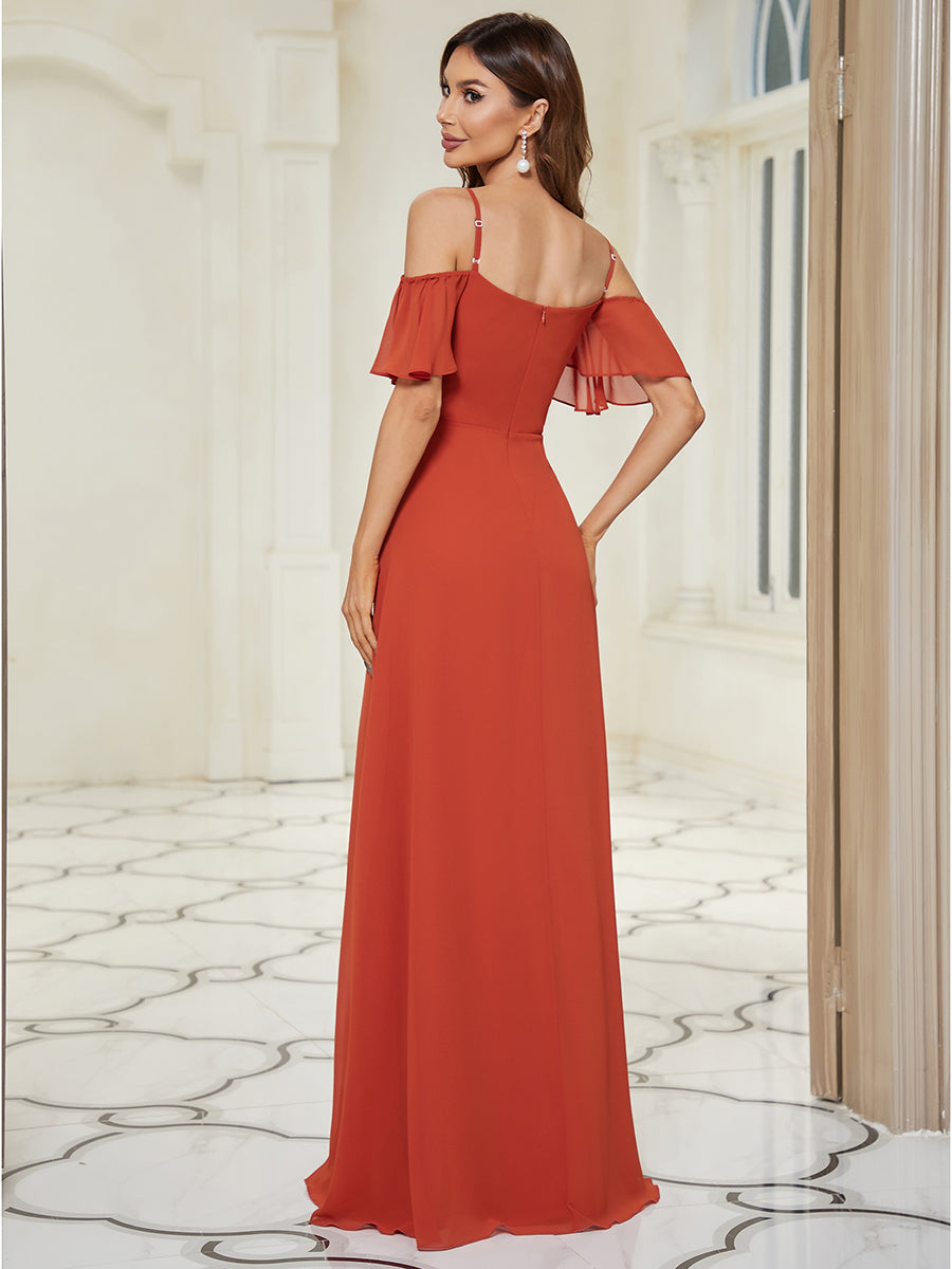 Bodenlanger Offshoulder A-Linien Chiffon Kleid Mit Hohem Schlitz #Farbe_Gebranntes Orange