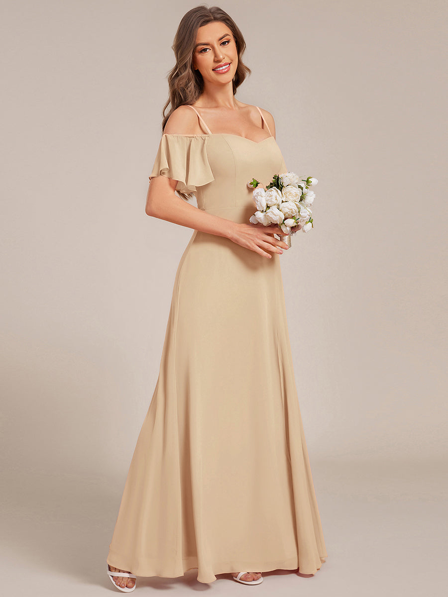 Bodenlanger Offshoulder A-Linien Chiffon Kleid Mit Hohem Schlitz #Farbe_Champagner