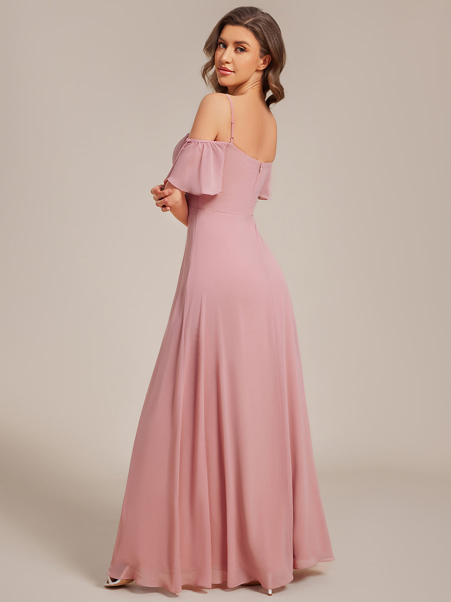 Bodenlanger Offshoulder A-Linien Chiffon Kleid Mit Hohem Schlitz #Farbe_Altrosa