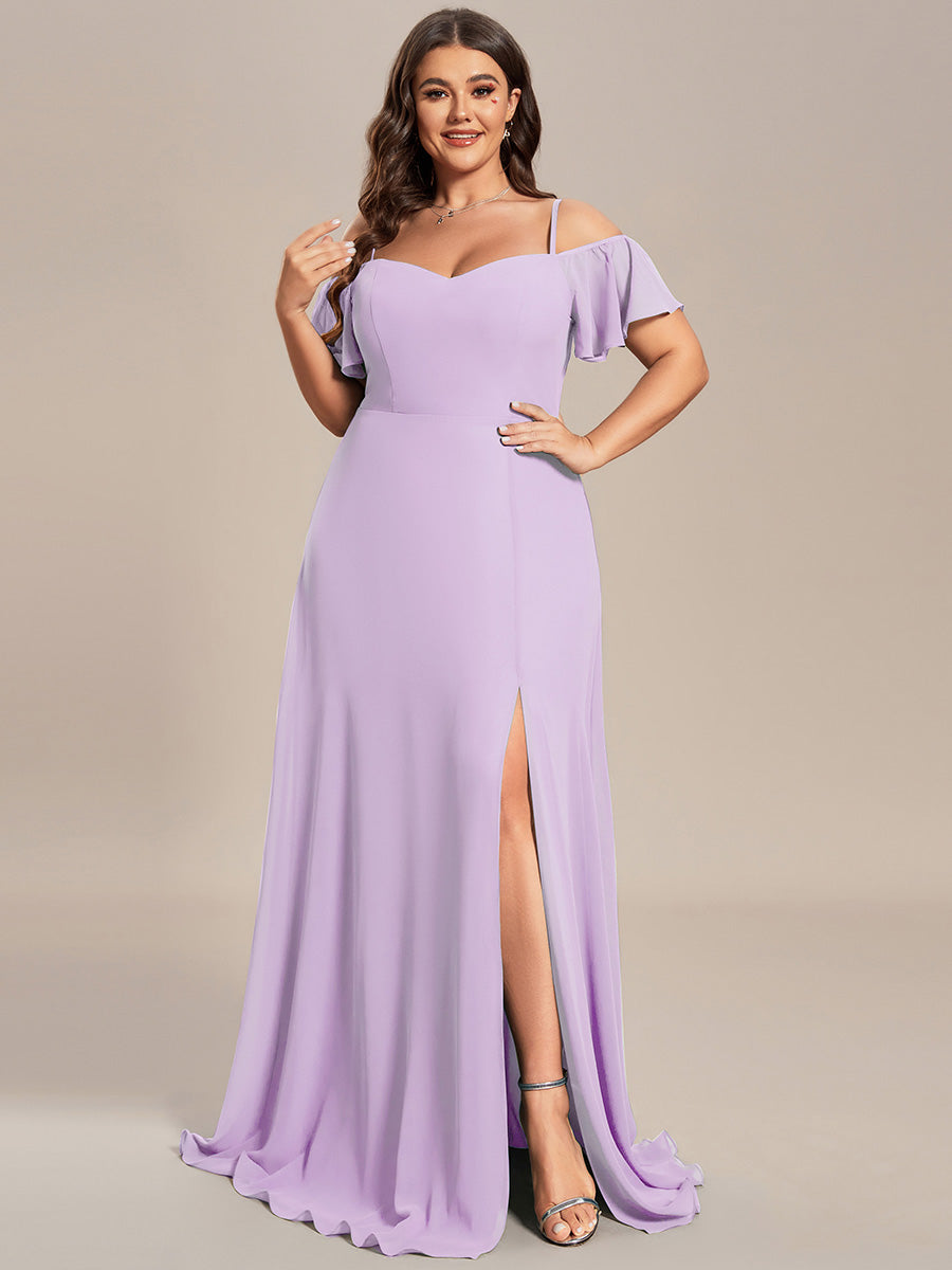 Bodenlanger Offshoulder A-Linien Chiffon Kleid Mit Hohem Schlitz #Farbe_Mattflieder