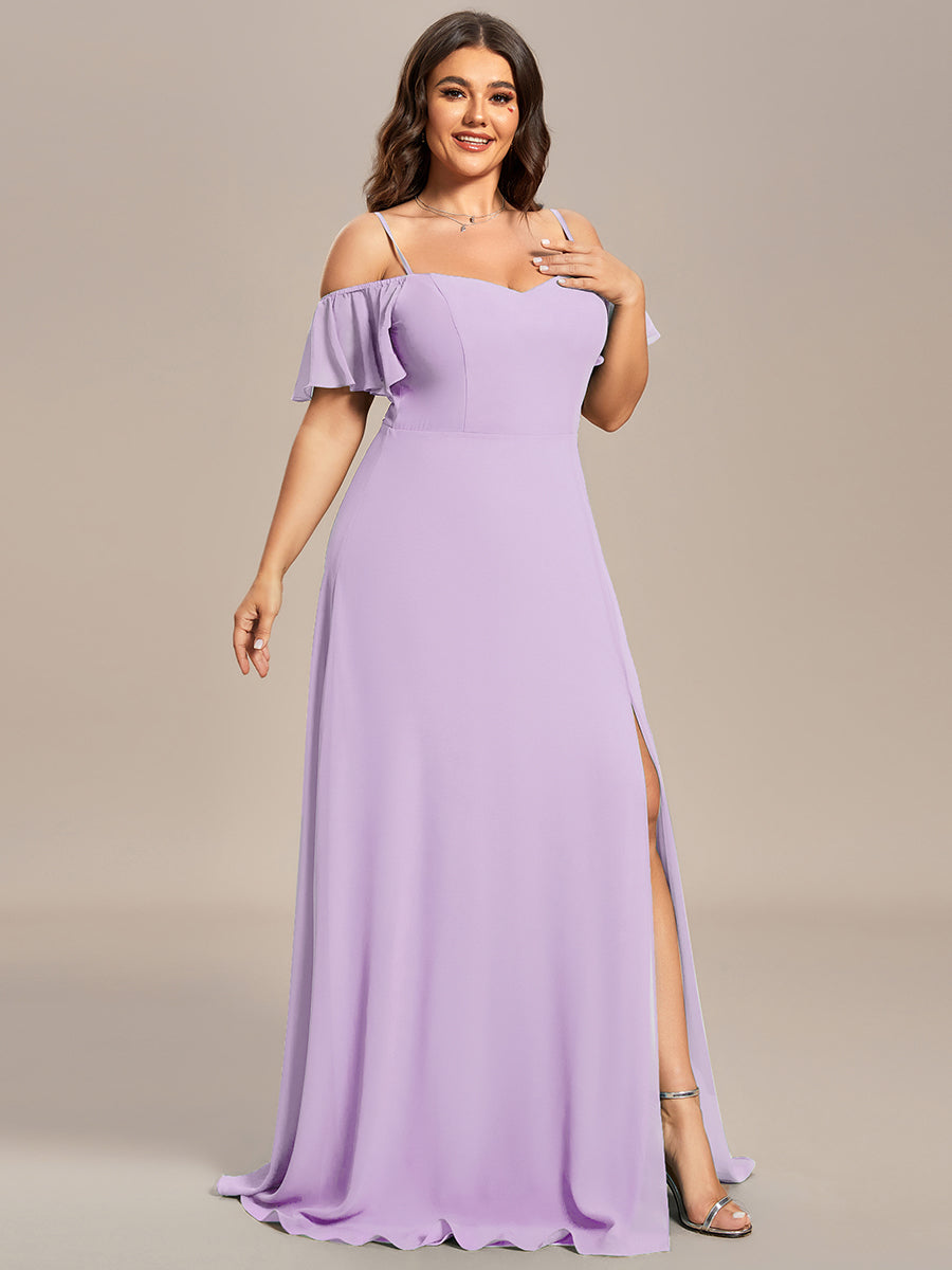 Bodenlanger Offshoulder A-Linien Chiffon Kleid Mit Hohem Schlitz #Farbe_Mattflieder