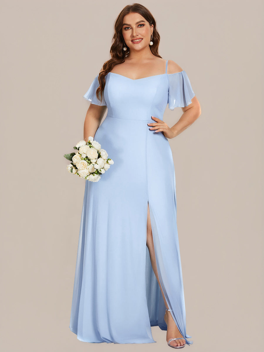 Bodenlanger Offshoulder A-Linien Chiffon Kleid Mit Hohem Schlitz #Farbe_Eisblau