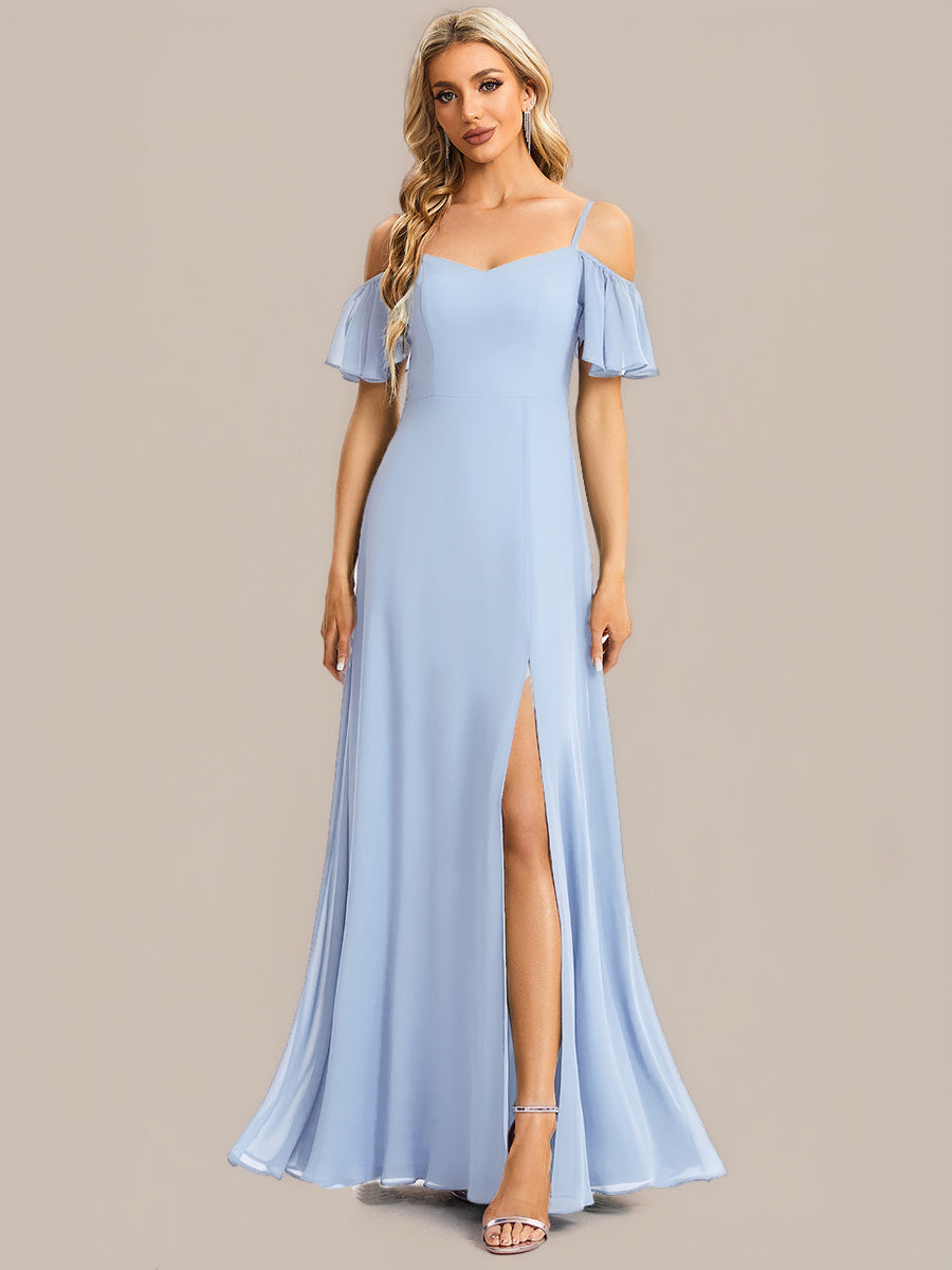 Bodenlanger Offshoulder A-Linien Chiffon Kleid Mit Hohem Schlitz #Farbe_Eisblau