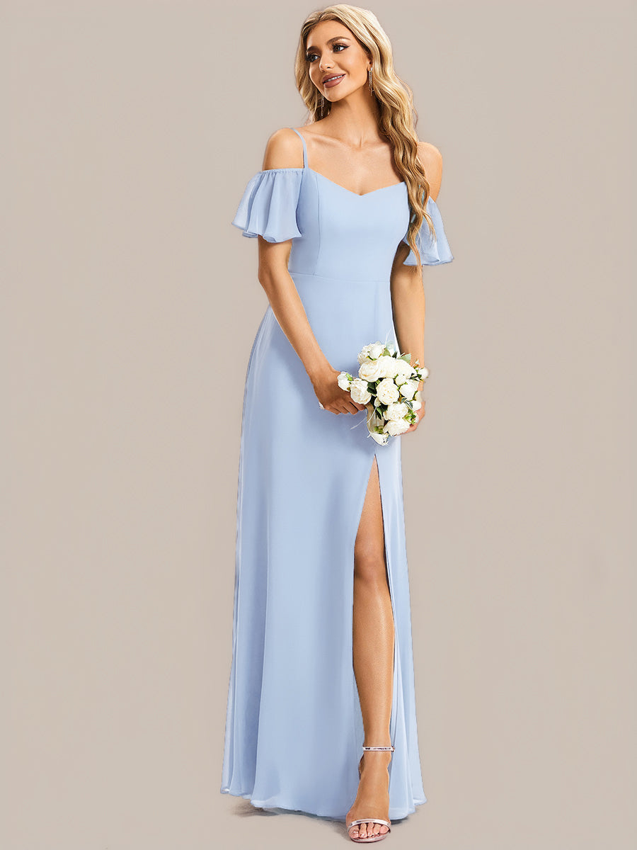 Bodenlanger Offshoulder A-Linien Chiffon Kleid Mit Hohem Schlitz #Farbe_Eisblau