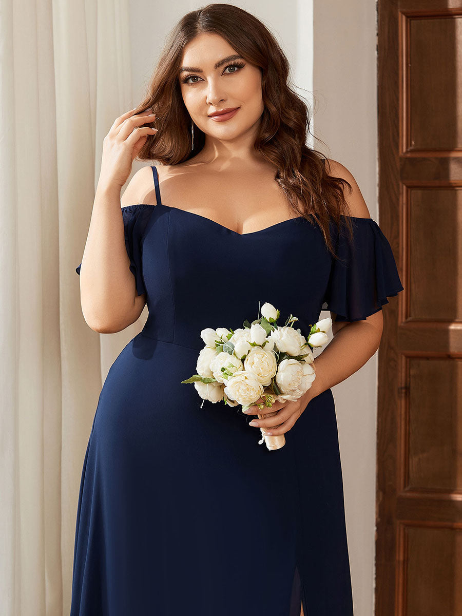 Bodenlanger Offshoulder A-Linien Chiffon Kleid Mit Hohem Schlitz #Farbe_Marineblau