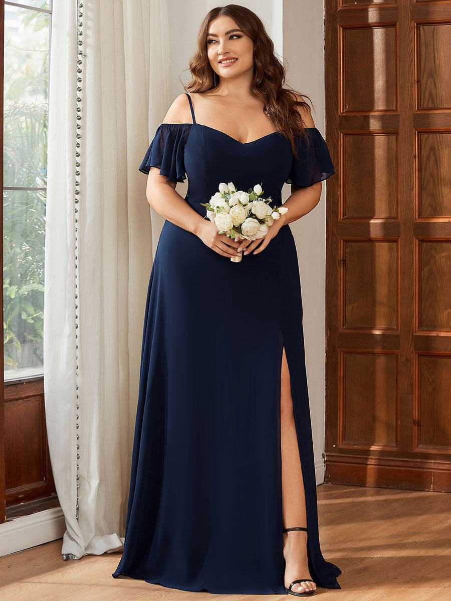 Bodenlanger Offshoulder A-Linien Chiffon Kleid Mit Hohem Schlitz #Farbe_Marineblau