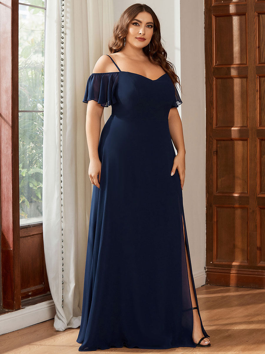 Bodenlanger Offshoulder A-Linien Chiffon Kleid Mit Hohem Schlitz #Farbe_Marineblau