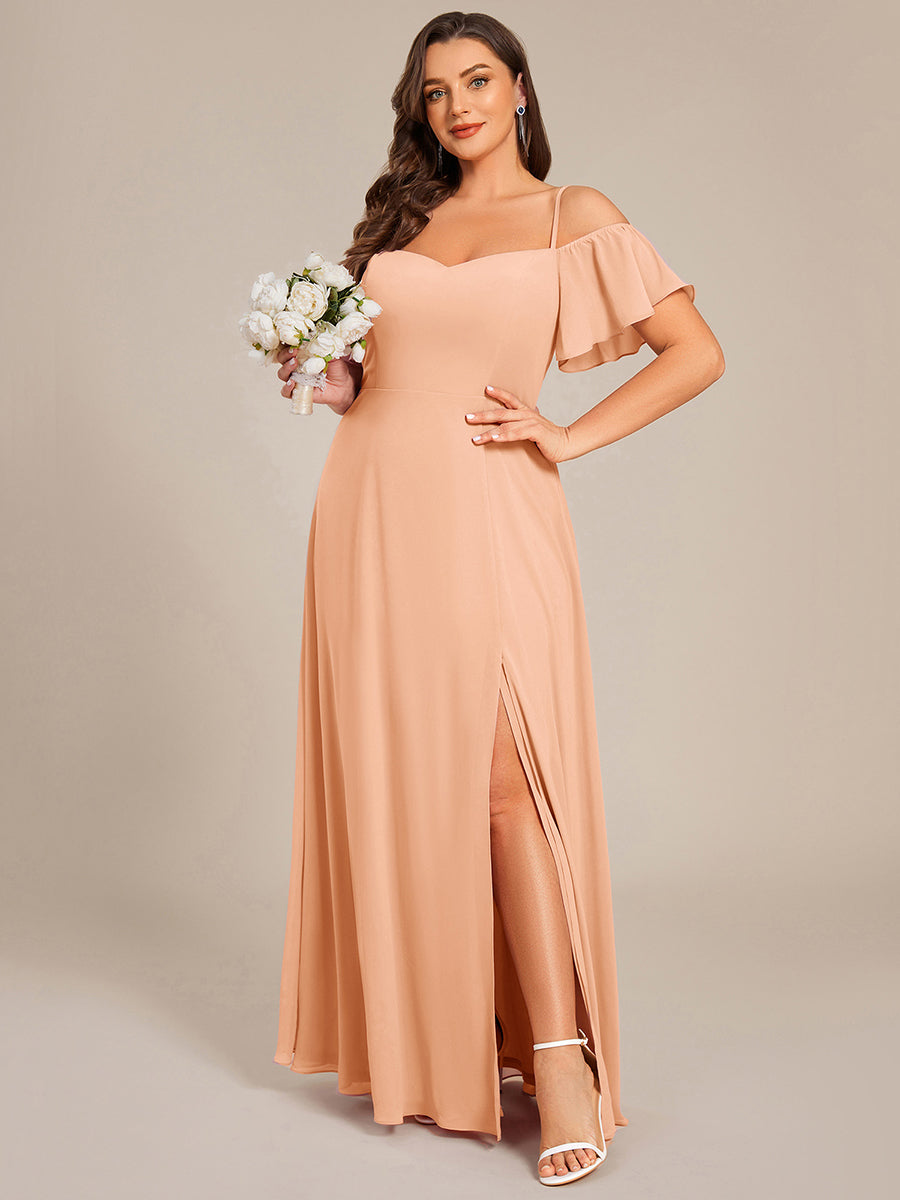 Bodenlanger Offshoulder A-Linien Chiffon Kleid Mit Hohem Schlitz #Farbe_Pfirsich