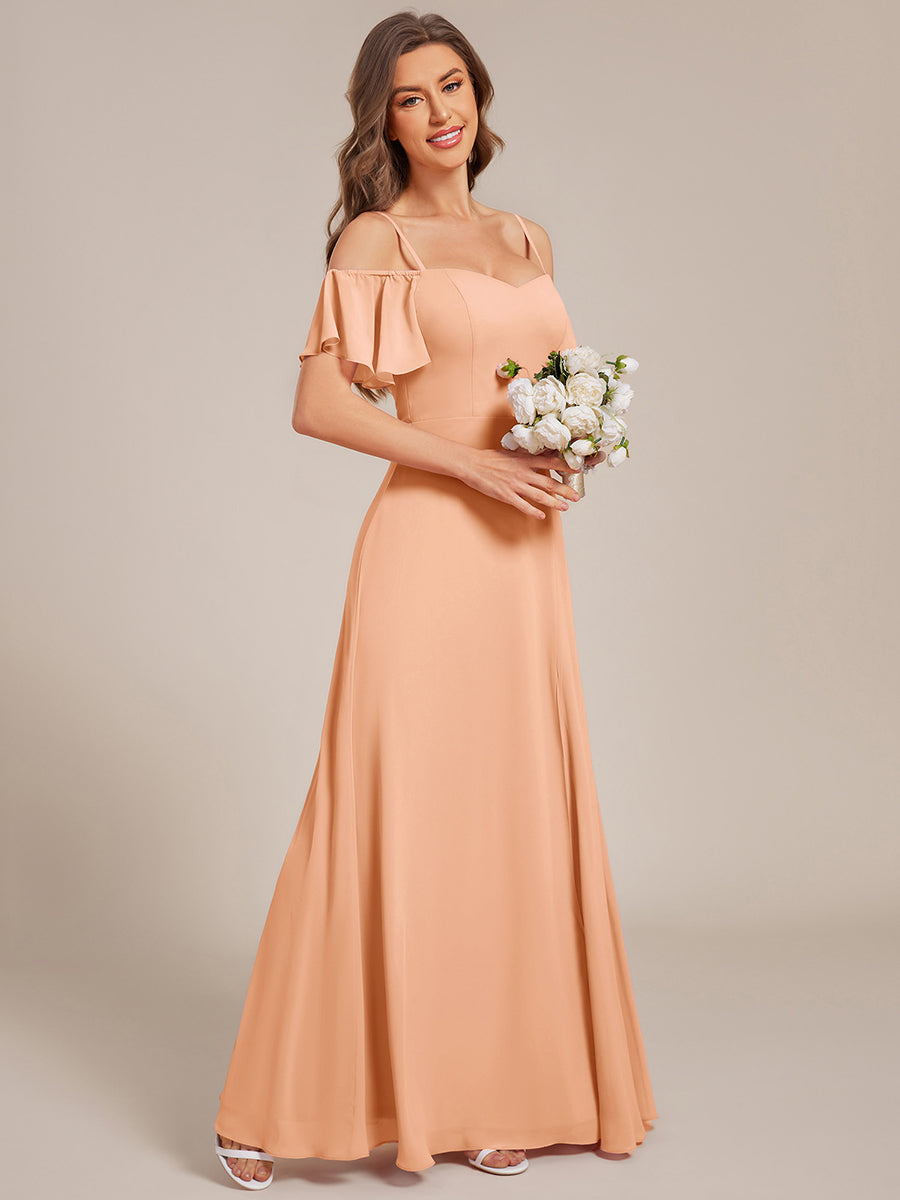 Bodenlanger Offshoulder A-Linien Chiffon Kleid Mit Hohem Schlitz #Farbe_Pfirsich