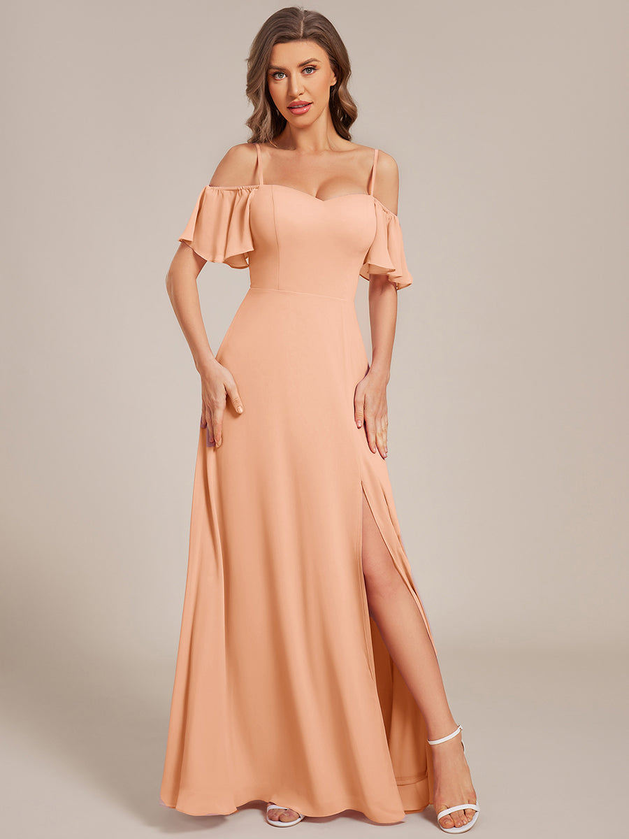 Bodenlanger Offshoulder A-Linien Chiffon Kleid Mit Hohem Schlitz #Farbe_Pfirsich